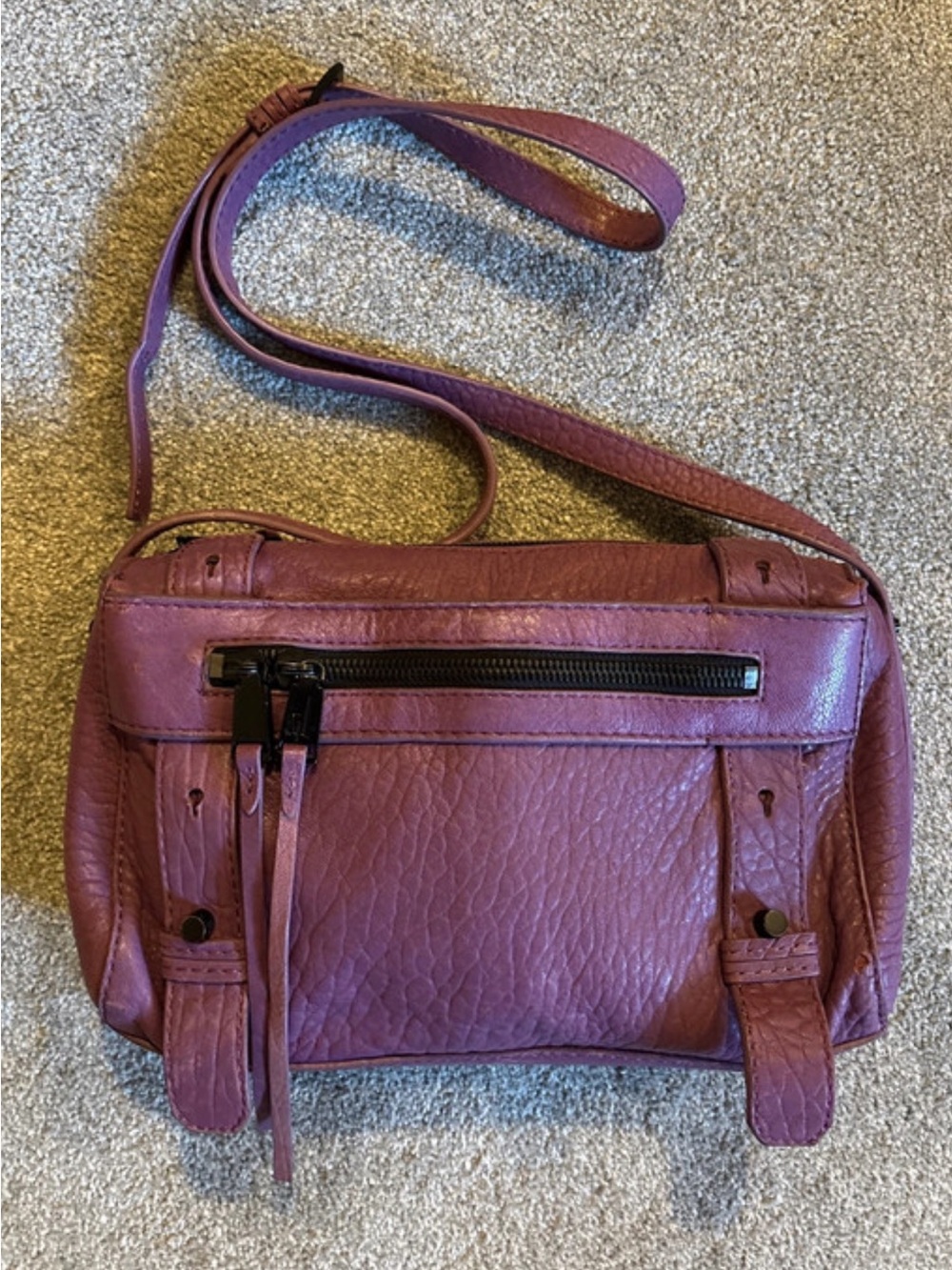 Textured Plum Leather Crossbody Bag with Front Zip